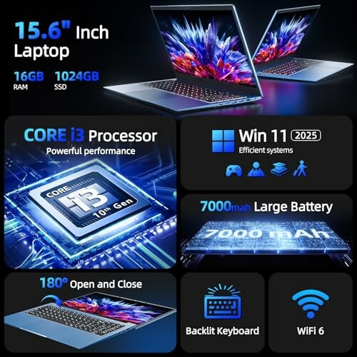 Laptop with 15.6-inch display, Core i3 processor, 16GB RAM, 1024GB SSD, Windows 11, 7000mAh battery, backlit keyboard, WiFi 6.