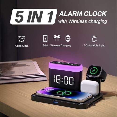 5-in-1 alarm clock with wireless charging and night light on a desk