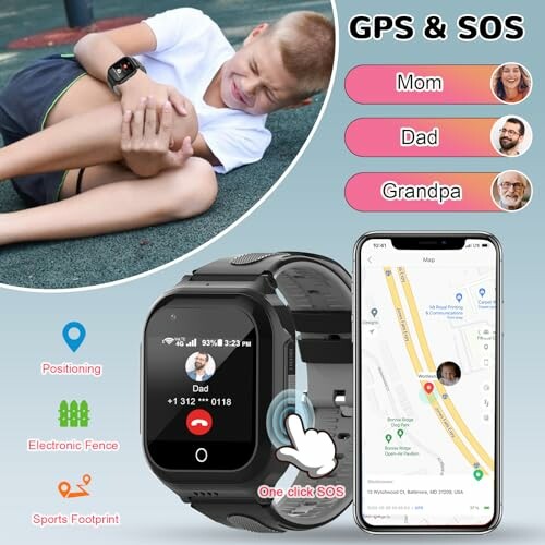 Child with smartwatch showing GPS and SOS features on a smartphone.