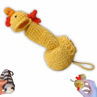 Crochet chicken-shaped purse with zipper opening, a fun and practical gag gift.