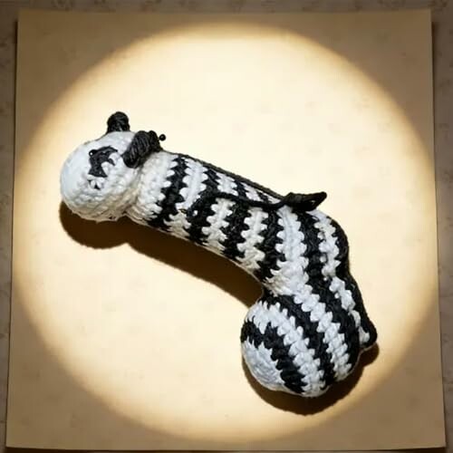 Crochet zebra-patterned toy on display, showcasing its soft and colorful design.