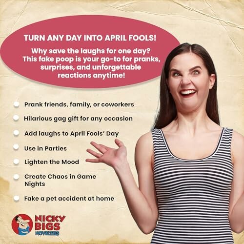 Woman excited about fake poop prank ideas.