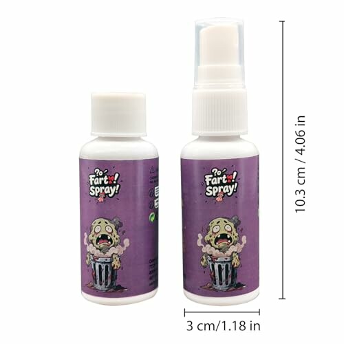 Two Bottles of Fart Spray with Cartoon Design and Size Measurements