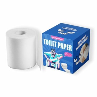 Humorous toilet paper packaging with cartoon design.