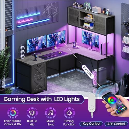 Modern gaming desk with dual monitors and LED lights.