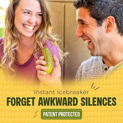 Two people laughing with a pickle as an instant icebreaker.