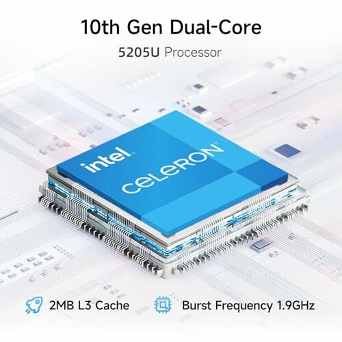 Intel 10th Gen Celeron 5205U processor with features listed