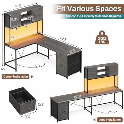 L-shaped desk with dimensions and storage options for corner or long installation.