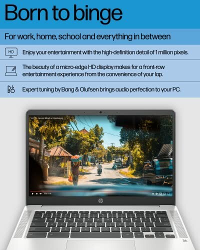HP laptop advertisement highlighting HD display and Bang & Olufsen audio.