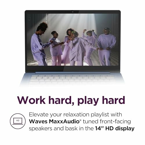 Laptop screen showing group performance, text about Waves MaxxAudio and 14-inch HD display.