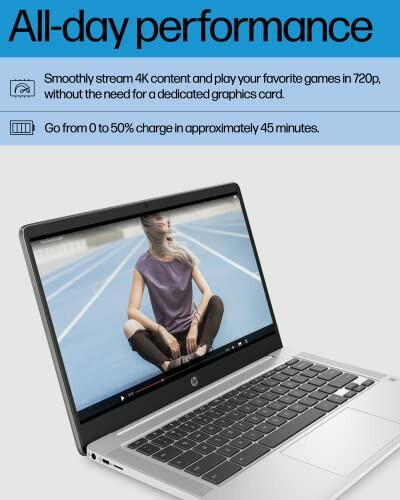 Laptop displaying a seated woman on screen with performance features.