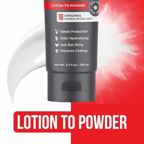 Lotion to powder product with sandalwood scent and features.