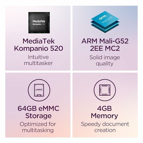 MediaTek Kompanio 520 features: intuitive multitasking, ARM Mali-G52 2EE MC2 for solid image quality, 64GB eMMC storage optimized for multitasking, 4GB memory for speedy document creation.
