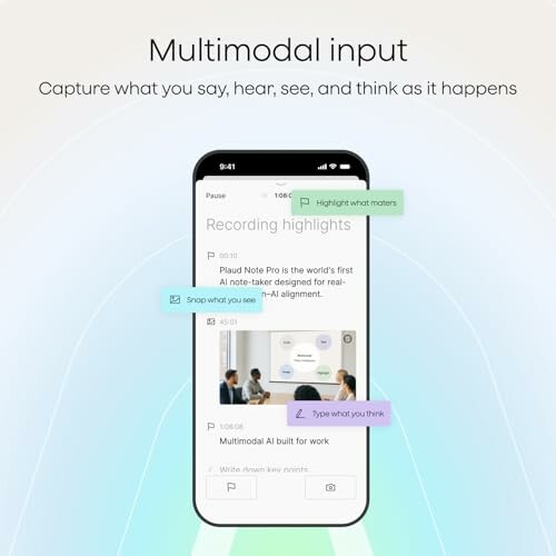 Smartphone displaying multimodal input features with text highlights and annotations.