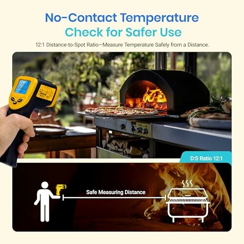 No-contact temperature check with a handheld device near a pizza oven.