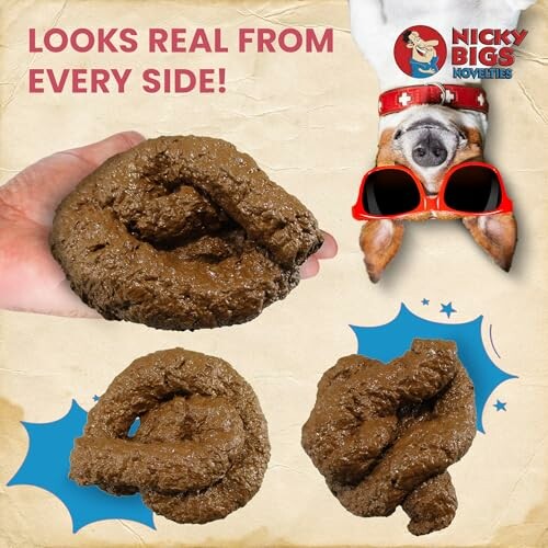 Novelty fake poop with a dog wearing sunglasses.