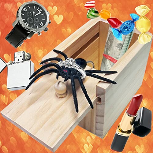 A prank gift box with a spider, money, watch, and candies, showcasing the box's versatility and the variety of items it can hold.