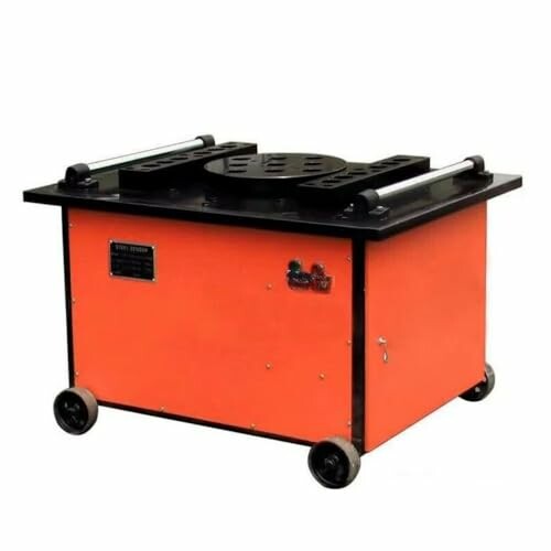 Orange and black rebar bending machine on wheels.