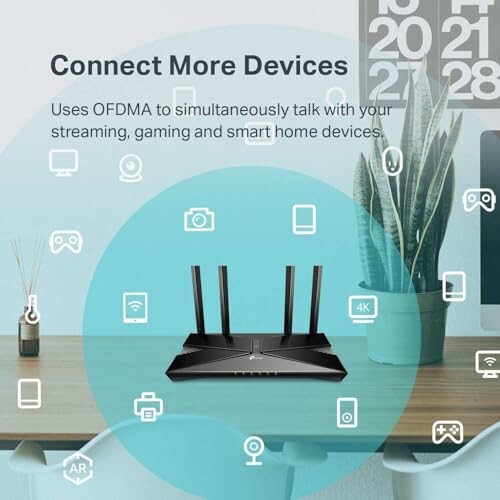 Router with icons for streaming, gaming, and smart home devices.