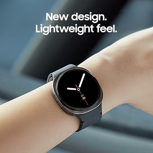 Smartwatch on wrist with minimalistic design and text 'New design. Lightweight feel.'