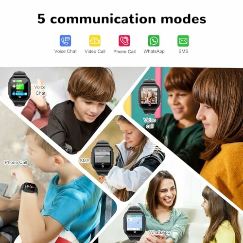 Children using smartwatch for voice, video calls, phone calls, WhatsApp, and SMS.