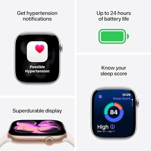 Apple Watch Series 11 Smartwatch showcasing health notifications, battery life, display, and sleep score features