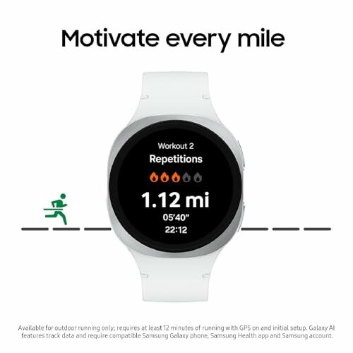 Smartwatch displaying workout details and distance.