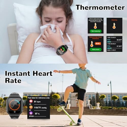 Smartwatch displaying thermometer and heart rate features with child using a skateboard.