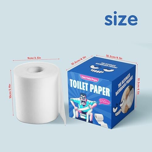 Toilet paper roll next to a branded box with dimensions and a cartoon character.