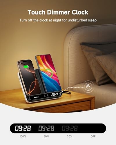 Touch dimmer clock with dual phone charging on a bedside table.