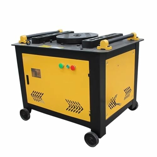 Yellow steel bar bending machine with wheels and control buttons.